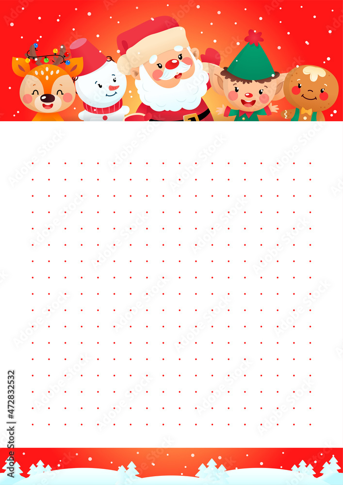 Christmas notebook page template. Cute organizer with a funny cartoon Santa Claus, an elf, a gingerbread man, a snowman and a little deer. Vector 10 ESP. Christmas notebook page template. Cute organizer with a funny cartoon Santa Claus, an elf, a gingerbread man, a snowman and a little deer. Vector 10 ESP.