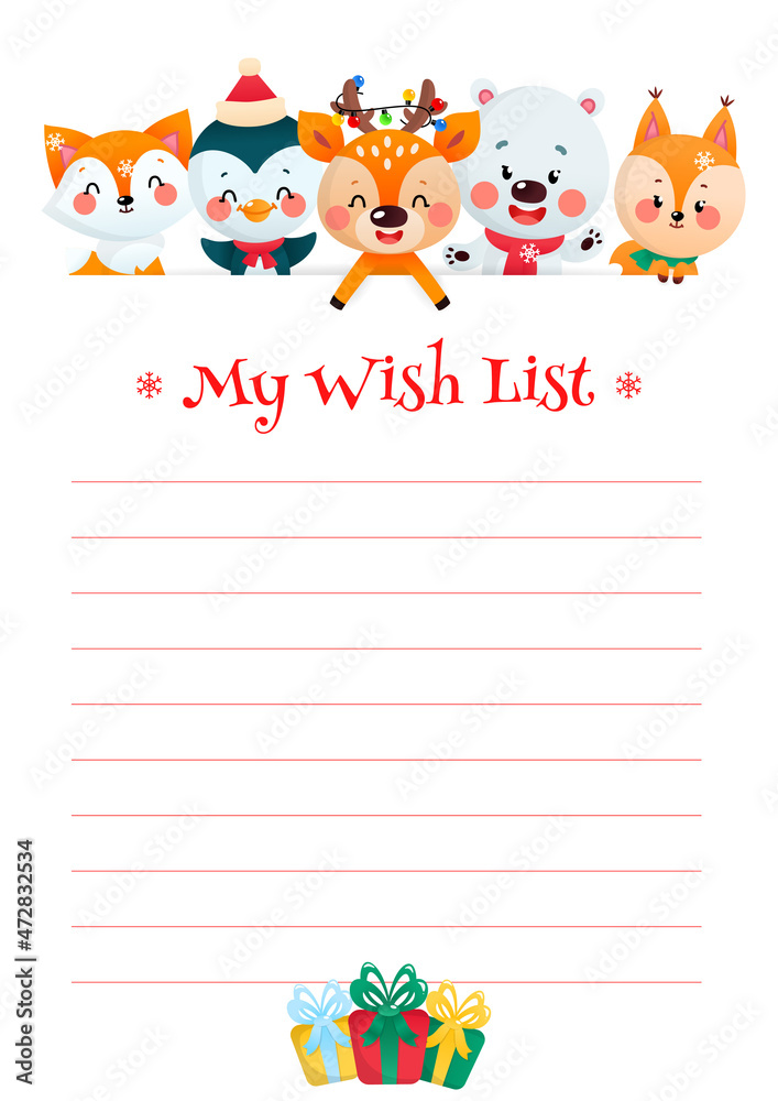 Christmas Wish List template. Cute organizer with a funny cartoon animals and gift boxes. Vector 10 ESP. Christmas Wish List template. Cute organizer with a funny cartoon animals and gift boxes. Vector 10 ESP.
