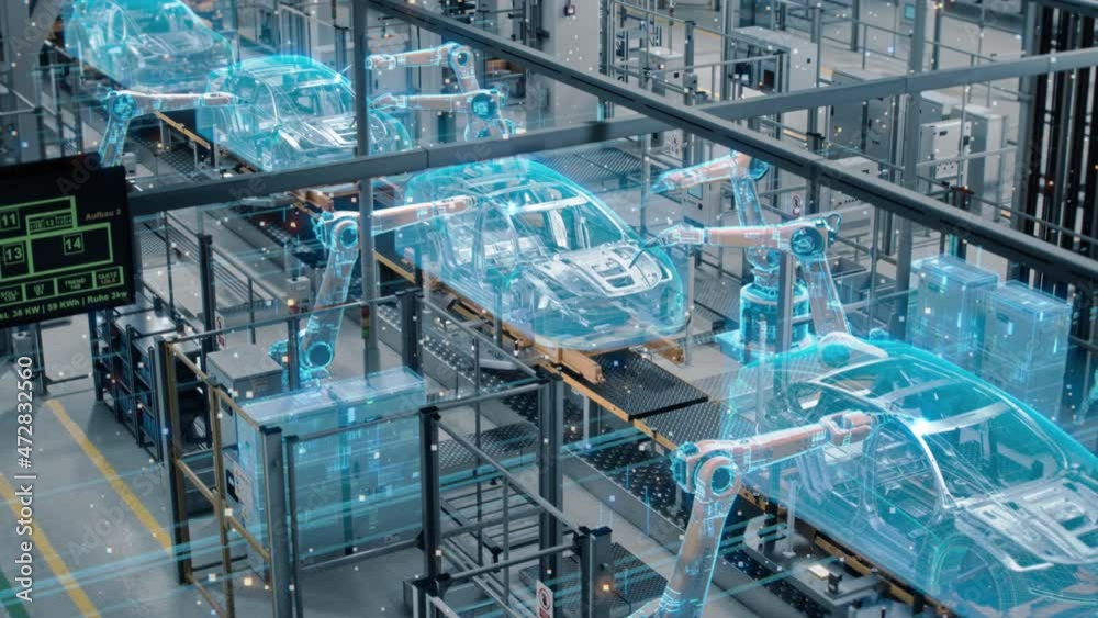 Car Factory Digitalization Industry 4.0 Concept: Automated Robot Arm Assembly Line Manufacturing High-Tech Green Energy Electric Vehicles. AI Computer Vision Analyzing, Scanning Production Efficiency
