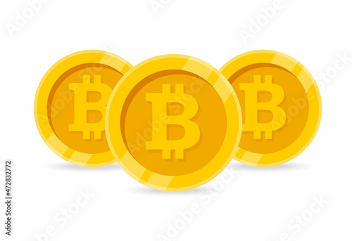 Three golden coins with bitcoin symbol isolated on white background. Trading and price concept. Bitcoin currency crypto coin icon. Vector stock