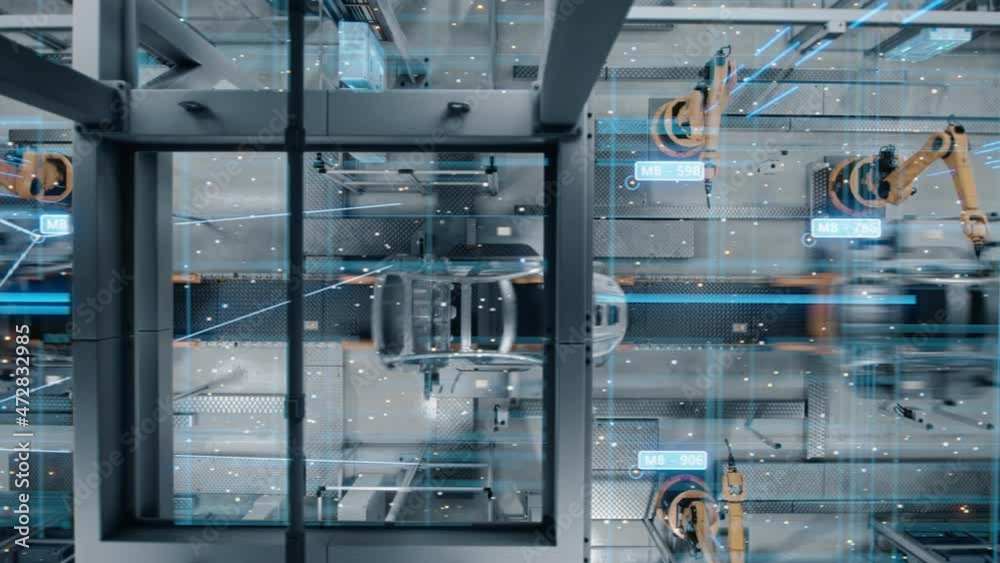 Aerial Car Top View Factory Digitalization Concept: Automated Robot Arm Assembly Line Manufacturing High-Tech Electric Vehicles. AI Computer Vision Analyzing, Scanning Production Efficiency. Looped