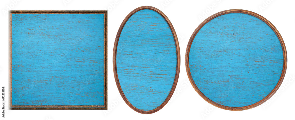 Wooden frame. Empty wooden frame painted with blue paint isolated on white background. Blank frame. Signboard mockup.