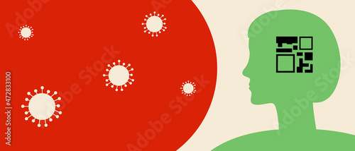 Person with QR codes, virus protection, silhouette vector stock illustration with vaccinated woman and colored silhouette with QR code and virus