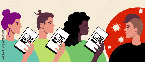 Vaccinated people with QR code, Flat vector stock illustration with Person without vaccine passport and QR code as vaccination passport