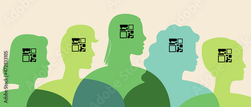 Vaccinated people, QR code, silhouette vector stock illustration with Vaccination society for health care or QR code as a passport of the vaccinated in adults or young people