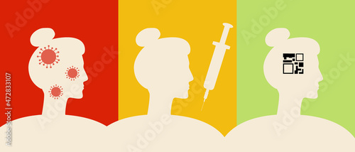 Vaccination of a person, QR code, Silhouette vector stock illustration with Immunity with antibodies after illness, Vaccination and QR certificate, immunity after illness