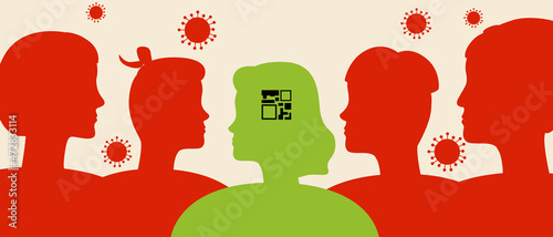 Covid in society, QR code of vaccination, silhouette vector stock illustration with Virus and people or QR code protection from virus in society