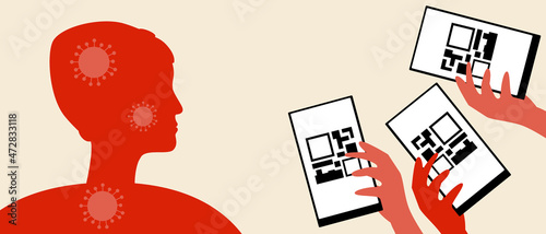 Infected person, people with QR code on the phone screen, silhouette vector stock illustration with Hands of vaccinated people and Infected is sick