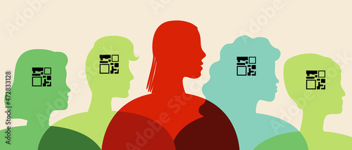 People with QR code of vaccination, covid in society, silhouette vector stock illustration with people with QR code for protection from virus or Certificate of vaccination