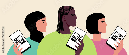 People with QR Code, Vaccination Passport, Flat Vector Stock Illustration with People with Smartphones or QR Code Online as Certificate
