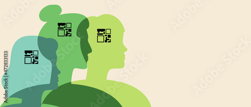 People with QR codes, copy space template, color silhouette vector stock illustration with vaccination passport with place for text or backdrop with QR code