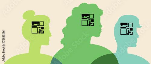 People with QR Codes, Vaccination Certificate, Silhouette Vector Stock Illustration with Vaccination Passport and Silhouettes of People with Medical QR Code