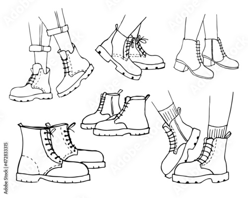 Collection of boots, sketch. Isolated image on white in doodle style. Vector	