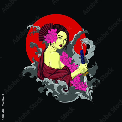 beautiful geisha with wave art