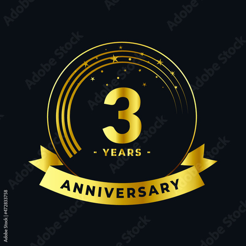 Three Years Anniversary Gold and Black Design Isolated Vector