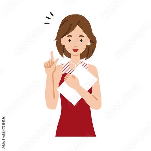 立って書類を手に持って何かひらめいたドレスの女性