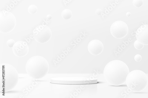 Abstract realistic 3d white cylinder pedestal or podium with white bubble or sphere balls flying on air. Stage for product display presentation. Futuristic silver minimal scene. Modern studio room. © Riseness