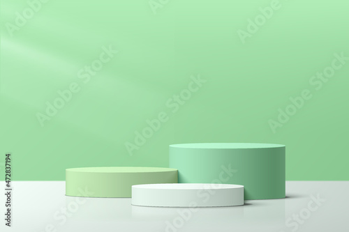 Abstract realistic 3D white and green-blue steps cylinder pedestal podium set with pastel minimal wall scene for cosmetic product display presentation. Vector geometric rendering platform design.