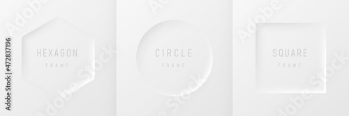 Set of realistic 3d geometric hexagon, circle and square frame on white background. Collection of Minimal frames background with copy space. Top view for product display. Vector illustration
