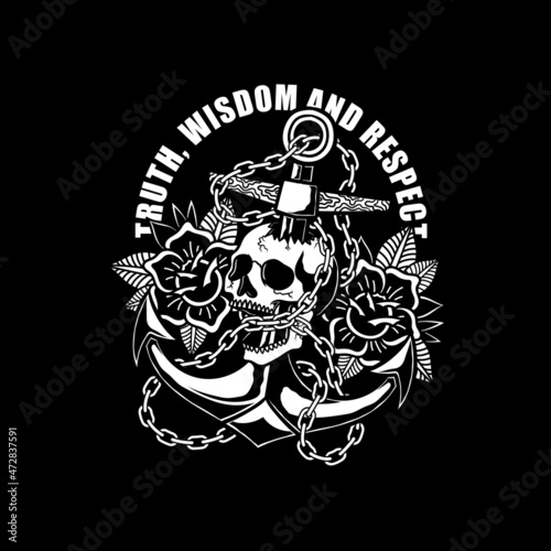 pirate skull anchor and rose with binding chain hand drawn old school style