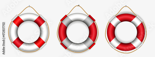 set of lifeguard rescue equipment or safety beach worker with life jacket or various lifebuoy isolated. eps vector