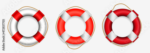 set of lifeguard rescue equipment or safety beach worker with life jacket or various lifebuoy isolated. eps vector photo