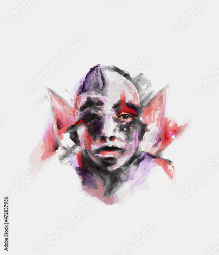 Fototapeta Naklejka Na Ścianę i Meble -  male face, abstaction, raster drawing, watercolor, blue, red, matte shade, head, full face, for printing on canvases, posters , for galleries