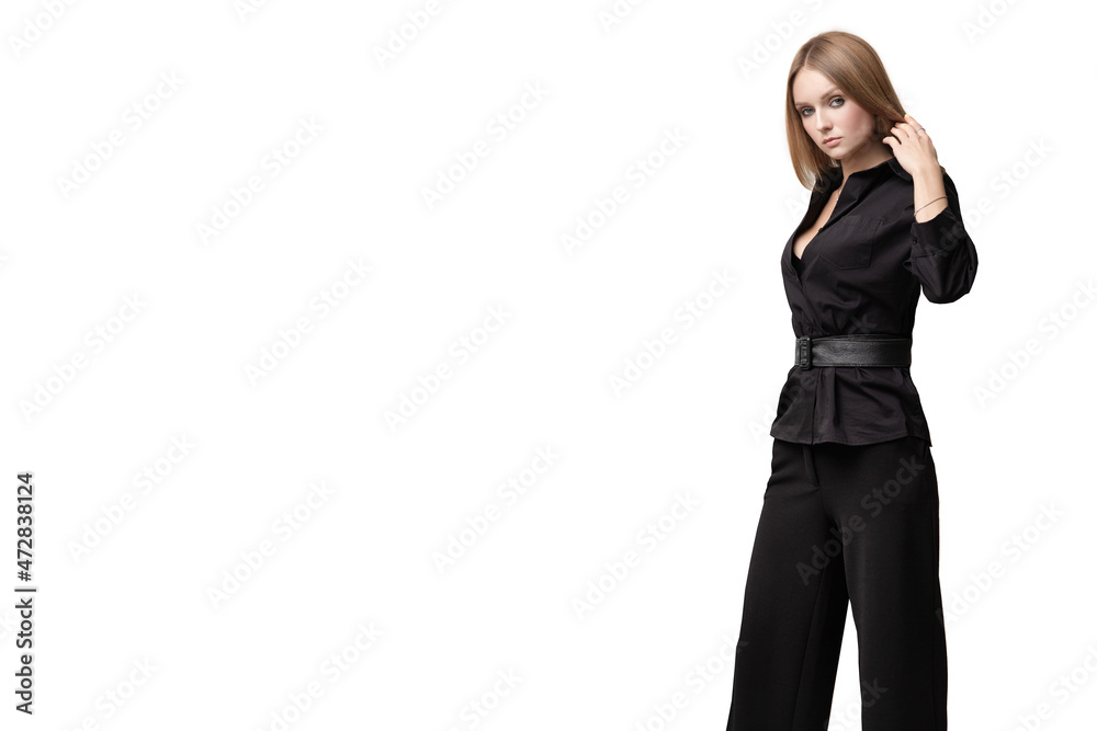 beautiful makeup. stylish women's suit. girl on a white background. black clothes
