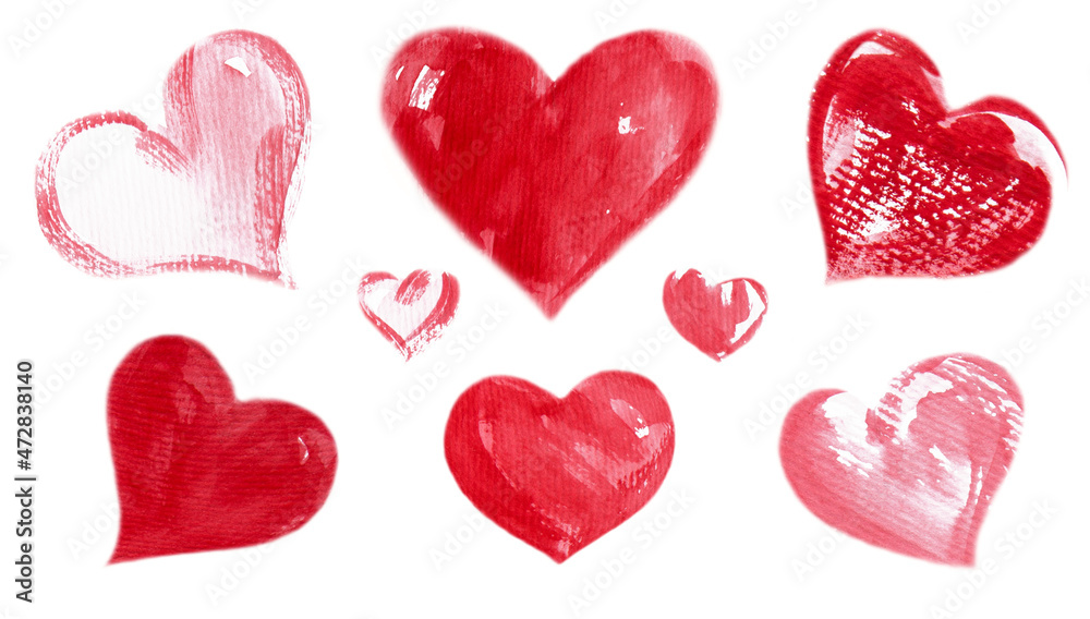 Watercolor hearts white background. Red ones of different sizes drawn by hand for the design of postcards, textiles, banners, patterns. Horizontal pattern of isolated hearts. Valentine's Day Concept