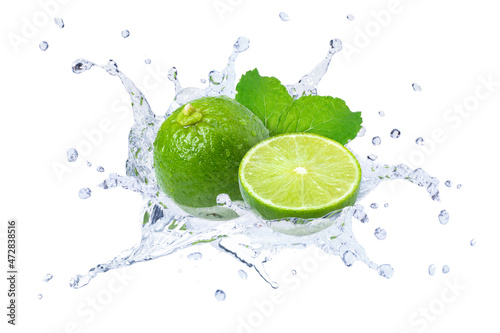 lime with mint leaf and water splash