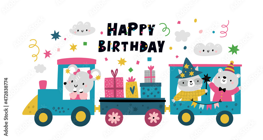 Baby happy birthday train with cartoon animals, gifts, serpentine. Birthday illustration for kids celebration banner, card, poster, invitation, party print. Locomotive with mouse, bear, raccoon