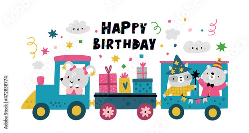 Baby happy birthday train with cartoon animals, gifts, serpentine. Birthday illustration for kids celebration banner, card, poster, invitation, party print. Locomotive with mouse, bear, raccoon © happydesign