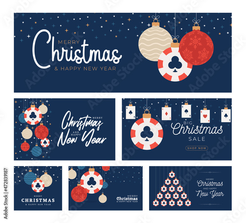 Casino Poker Christmas card flat set. Merry Christmas sport greeting card. Hang on a thread casino poker chip as a xmas ball and colorful bauble on blue star background
