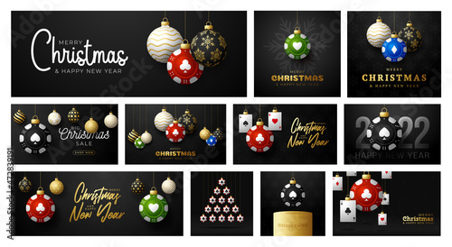 Casino Poker Christmas card set. Merry Christmas sport greeting card. Hang on a thread casino poker chip as a xmas ball and golden bauble on black background