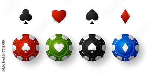 poker casino chip card symbols set. Colored casino chips set isolated on white background. Vector illustration.
