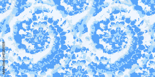 Vector Dye Effect Seamless. Ethnic Texture. Background. Psychedelic Design. Sky Blue Blue Borders. Abstract Mottled Floral Tie Dye Rug. Watercolor Texture. Bleached Textile.