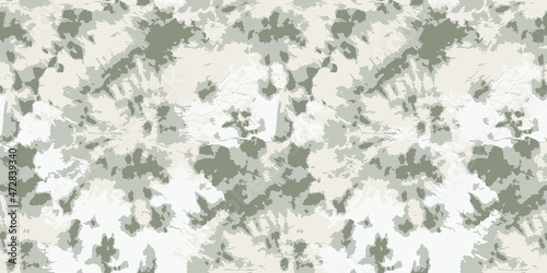 Vector Tie Dye Texture Repeat. Ethnic Texture. Floral Bohemian Border. Dirty Green Hippie Ornament. Abstract Textile Print. Grey Tie Dye Batik. Watercolor Bohemian Tile. Bleach Dye.