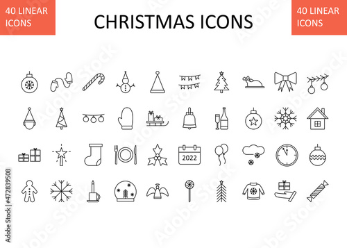Vector illustration with Christmas icons - toys; tree; snowflakes; gift; balls; drinks, etc.