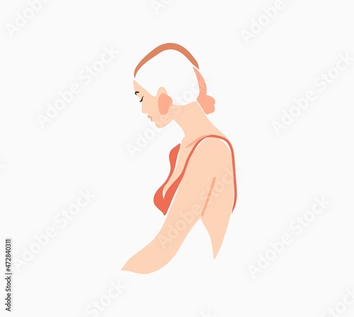 Hand drawn vector abstract stock flat graphic contemporary line art,aesthetic fashion illustration with bohemian,beautiful modern female minimalism portrait in simple trendy style,for branding.