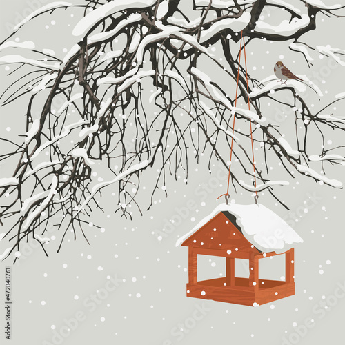 Beautiful winter illustration with snow covered tree branches, bird feeder and a small sparrow on a background of light grey sky. Snowy vector landscape in realistic style
