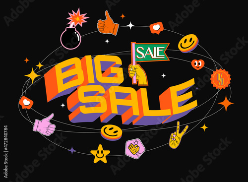 Big Sale banner or poster or flyer design template with 3d lettering and bright colorful sale icons on black background. Vector illustration