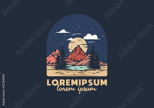 Lake and mountain with big moon illustration