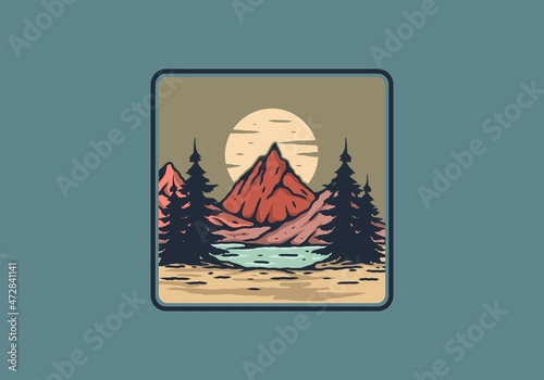 Lake and mountain with big moon illustration