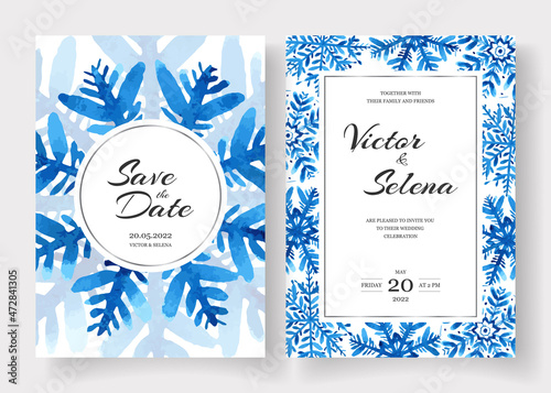 Winter wedding cards design set with watercolor snowflakes. Save the date invitation set. Hand painted.