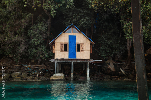 Wooden bungalow built on the water's edge in Koh Sdach Island, Cambodia