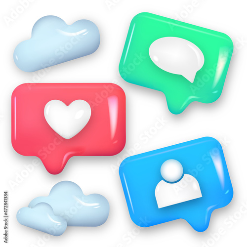 Icons with elements of social media networks. Follow, comment, like icon. Vector buttons set. Realistic 3d rendering