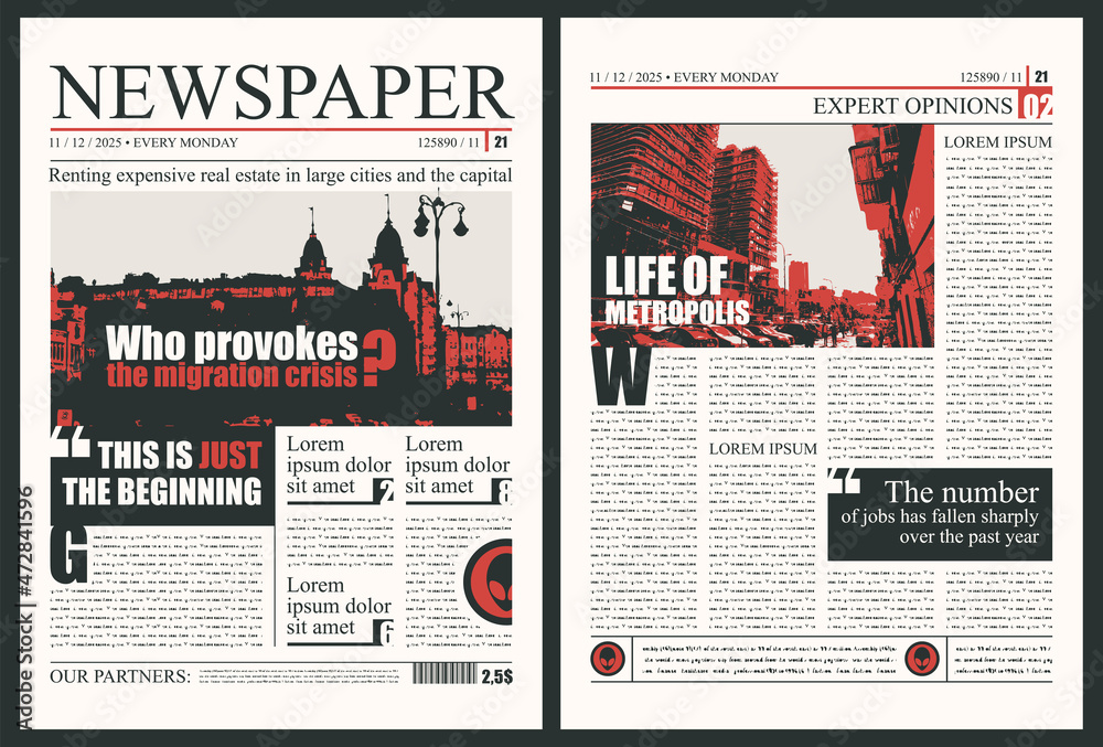 Vector newspaper layout with headlines, illustrations and imitation of
