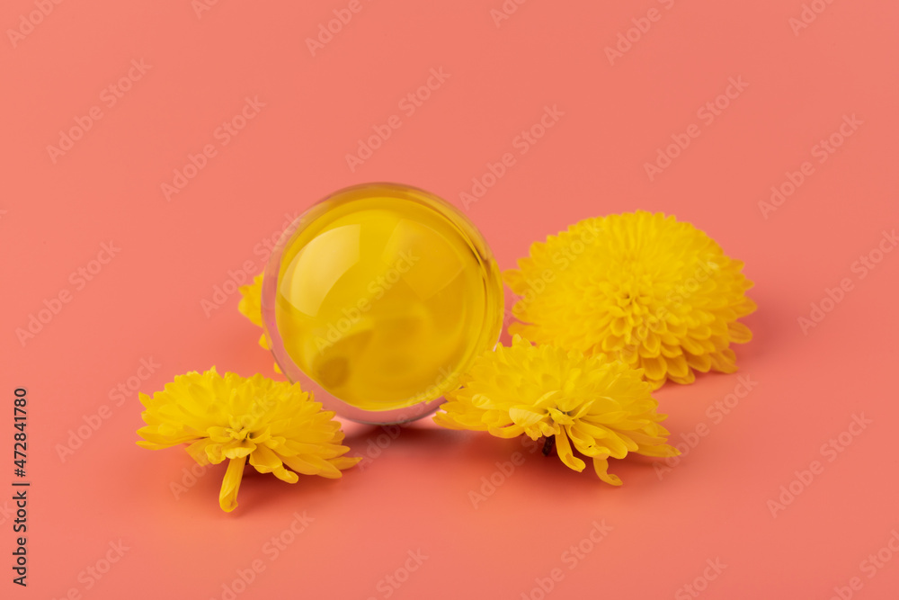 Abstract composition with yellow flowers and glass ball on pink background. Beauty blog layout. Abstract composition with yellow flowers and glass ball on pink background. Beauty blog layout.