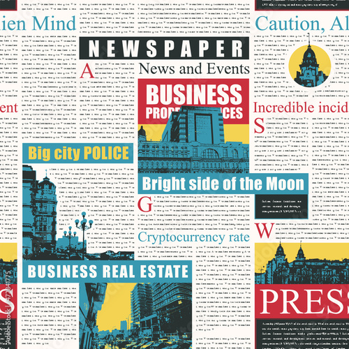 Newspaper seamless pattern with headlines, illustrations and illegible text on a dark backdrop. Vector background with colored magazine or newspaper pages. Wallpaper, wrapping paper, fabric design