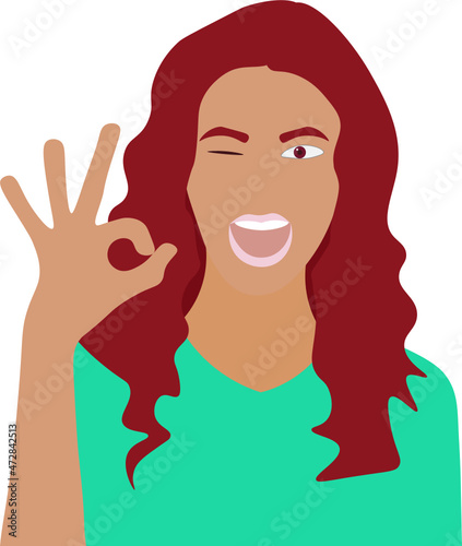 gesto. Expresión facial de mujer haciendo un guiño y un ok. Vector sin fondo, fondo transparente